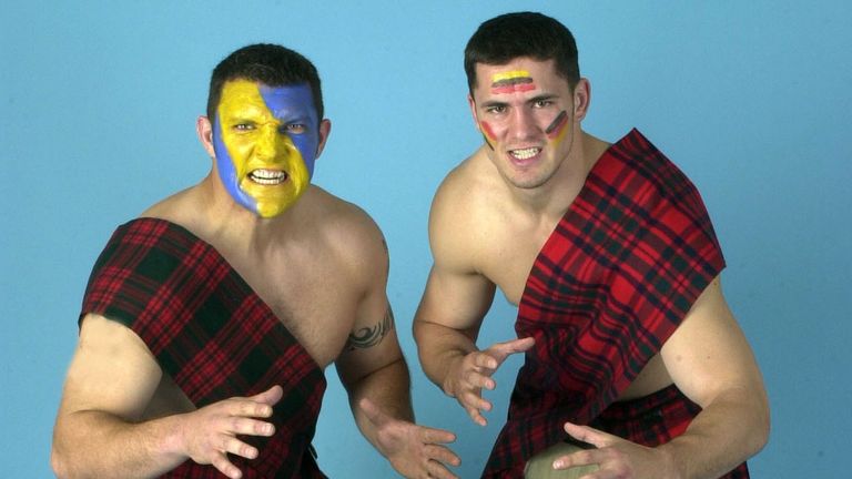Barrie McDermott and Nathan McAvoy promoting the 2000 Challenge Cup final at Murrayfield in Edinburgh