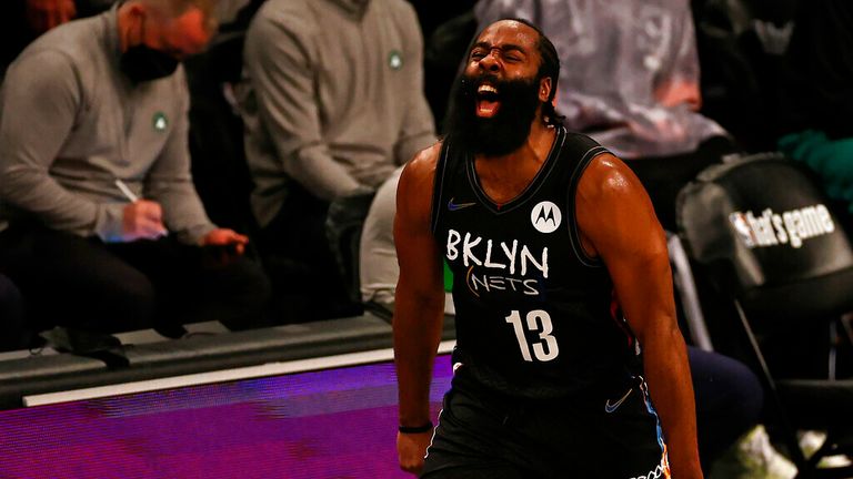 Brooklyn Nets guard James Harden reacts after a basket against the Boston Celtics in the first half of Game 5 during an NBA basketball first-round playoff series, Tuesday, June 1, 2021, in New York. (AP Photo/Adam Hunger)