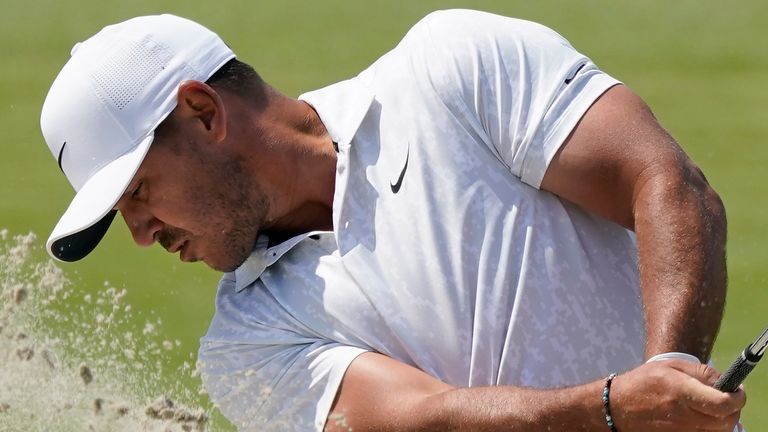 Brooks Koepka plays a shot from a bunker on the 15th hole during the first round of the U.S. Open Golf Championship, Thursday, June 17, 2021, at Torrey Pines Golf Course in San Diego. (AP Photo/Marcio Jose Sanchez) 