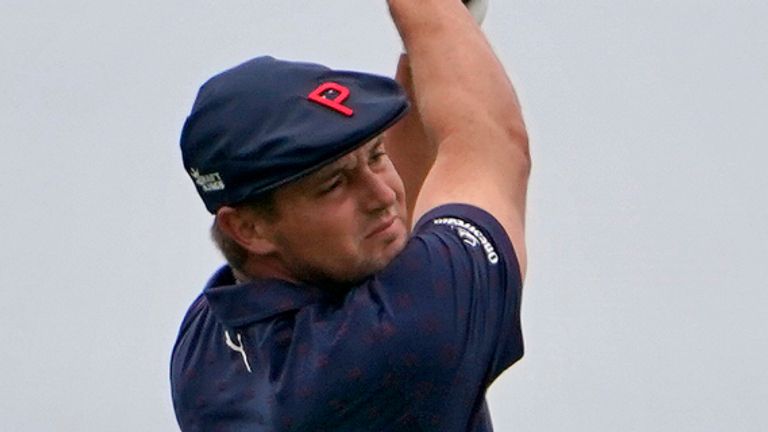 Bryson DeChambeau plays his shot from the fourth tee during the third round of the U.S. Open Golf Championship, Saturday, June 19, 2021, at Torrey Pines Golf Course in San Diego. (AP Photo/Jae C. Hong)