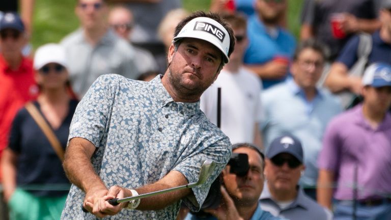 Bubba Watson hits onto the first green from the fairway during the third round of the Travelers Championship golf tournament at TPC River Highlands, Saturday, June 26, 2021, in Cromwell, Conn. (AP Photo/John Minchillo)