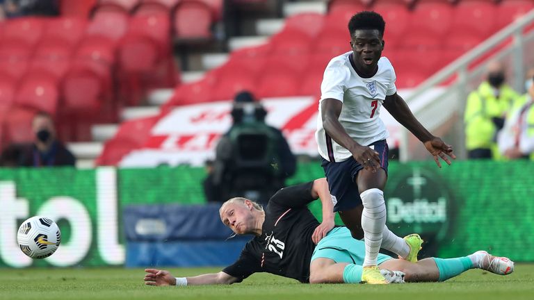 Bukayo Saka in action for England against Austria