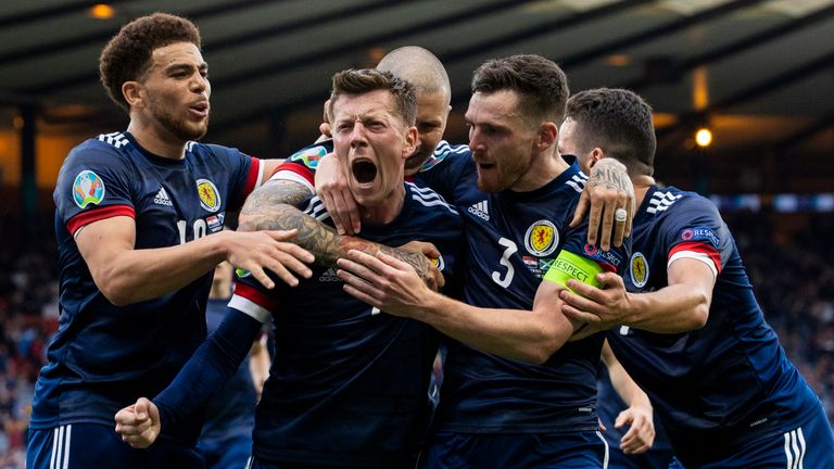 Callum McGregor celebrates after scoring to make it 1-0 Scotland during a Euro 2020 match between Croatia and Scotland at Hampden Park