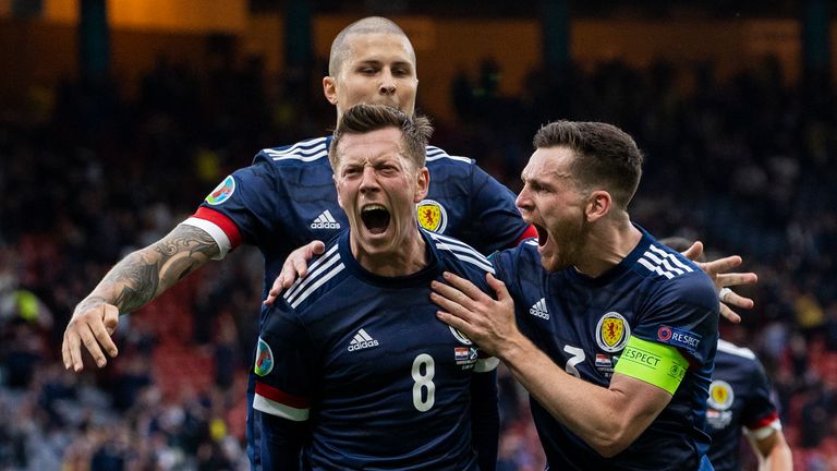 Callum McGregor celebrates after scoring to make it 1-0 Scotland during a Euro 2020 match between Croatia and Scotland at Hampden Park