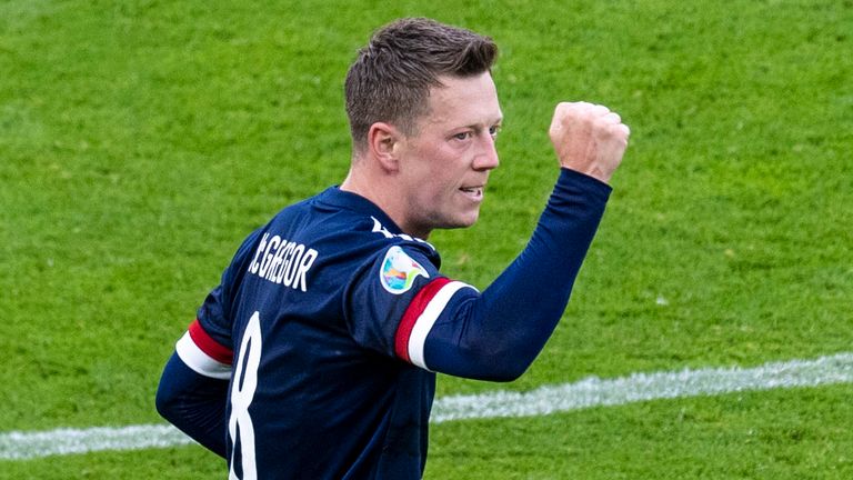 Scotland's Callum McGregor celebrates his equaliser during a Euro 2020 match between Croatia and Scotland at Hampden Park