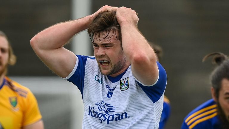 12 June 2021; Thomas Galligan of Cavan reacts to a missed opportunity on goal during the Allianz Football League Division 3 Relegation play-off match between Cavan and Wicklow at P..irc Tailteann in Navan, Meath. Photo by Stephen McCarthy/Sportsfile