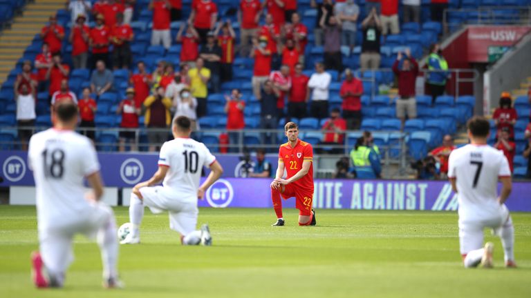 Wales v Albania - International Friendly - Cardiff City Stadium
Wales' Chris Mepham takes a knee prior to the international friendly match at Cardiff City Stadium, Wales. Picture date: Saturday June 5, 2021.