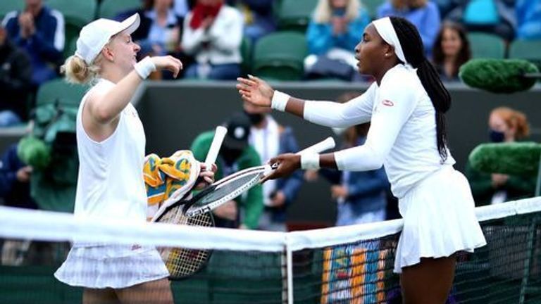 Coco Gauff (right) hugs Francesca Jones after winning their first round ladies' singles match on court 2 on day two of Wimbledon at The All England Lawn Tennis and Croquet Club, Wimbledon. Picture date: Tuesday June 29, 2021.