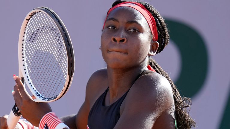United States's Coco Gauff plays a return to Serbia's Aleksandra Krunic during their first round match on day three of the French Open tennis tournament at Roland Garros in Paris, France, Tuesday, June 1, 2021. (AP Photo/Thibault Camus)..