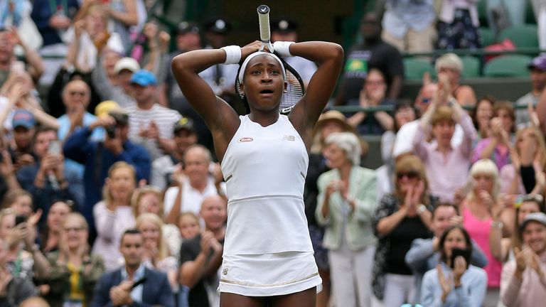 United States' Cori "Coco" Gauff reacts after beating United States's Venus Williams in a Women's singles match during day one of the Wimbledon Tennis Championships in London, Monday, July 1, 2019. (AP Photo/Tim Ireland) 