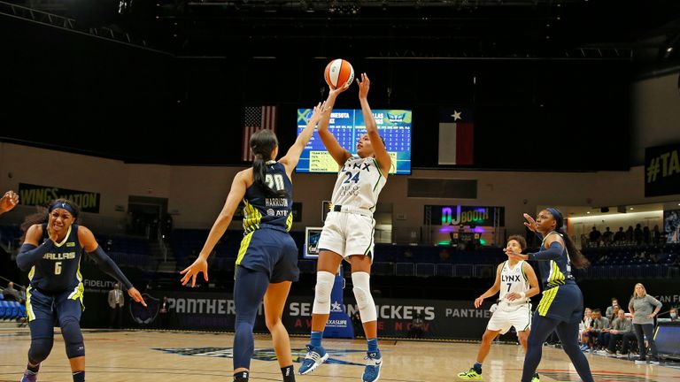 DALLAS, TX - JUNE 17: Napheesa Collier #24 of the Minnesota Lynx shoots the ball against the Dallas Wings on June 17, 2021 at College Park Center, Dallas, TX. NOTE TO USER: User expressly acknowledges and agrees that, by downloading and/or using this Photograph, user is consenting to the terms and conditions of the Getty Images License Agreement. Mandatory Copyright Notice: Copyright 2021 NBAE (Photo by Tim Heitman/NBAE via Getty Images)
