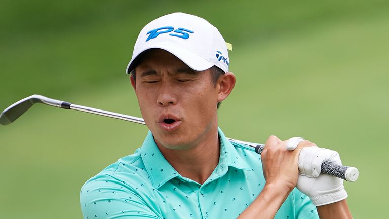 DUBLIN, OH - JUNE 06:   Collin Morikawa (USA) reacts to his shot on to the 4th green during the final round of the Memorial Tournament at Muirfield Village Golf Club in Dublin, Ohio on June 06, 2021. (Photo by Shelley Lipton/Icon Sportswire)