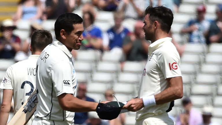 Ross Taylor of New Zealand (L) shakes hands with James Anderson after his side's eight-wicket win against England at Edgbaston (Associated Press)