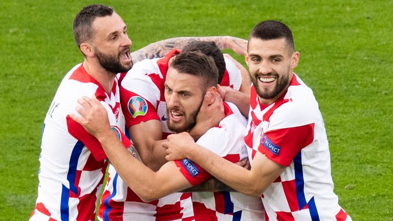 Croatia's Nikola Vlasic (centre) celebrates his opener during a Euro 2020 match between Croatia and Scotland at Hampden Park