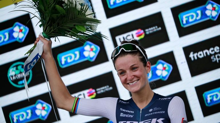 Britain's Elizabeth Deignan celebrates on the podium winning La Course by Le Tour de France women's cycling race, in Nice, southern France, Saturday, Aug. 29, 2020.(Christophe Petit-Tesson, Pool via AP)...