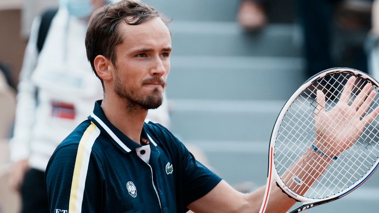 Russia's Daniil Medvedev celebrates after defeating United States's Reilly Opelka during their third round match on day 6, of the French Open tennis tournament at Roland Garros in Paris, France, Friday, June 4, 2021. (AP Photo/Thibault Camus)