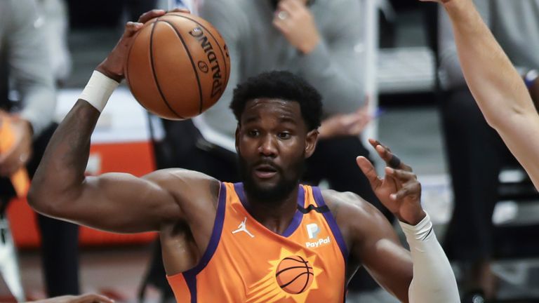Phoenix Suns center Deandre Ayton (22) looks to pass during the Phoenix Suns game versus the Los Angeles Clippers game 3 NBA Western Conference Finals game on June 24, 2021, at Staples Center in Los Angeles, CA. 