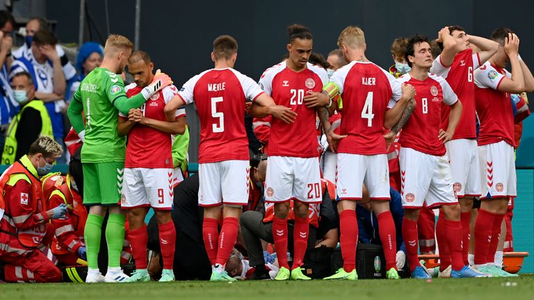 Denmark's players were visibly distressed after Eriksen collapsed at the Parken Stadium