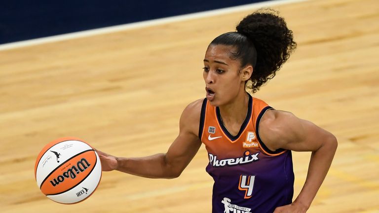 Phoenix Mercury guard Skylar Diggins-Smith controls the ball during a WNBA basketball game