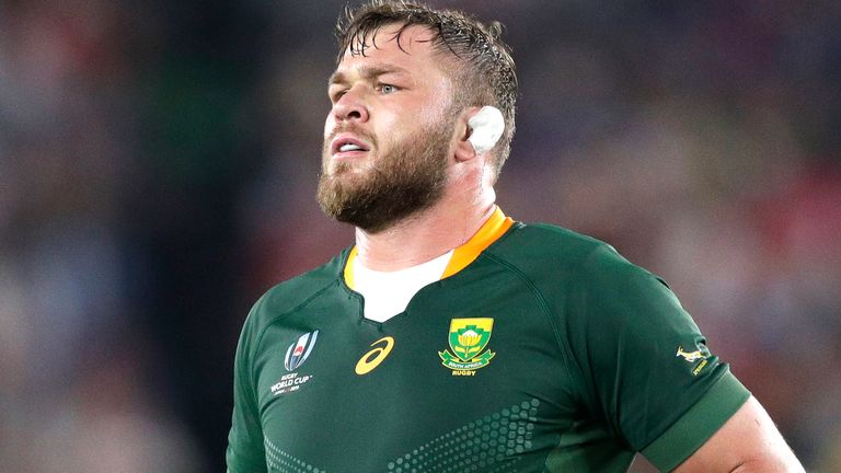 South Africa..fs Duane Vermeulen runs during the Rugby World Cup semifinal at International Yokohama Stadium between Wales and South Africa in Yokohama, Japan, Sunday, Oct. 27, 2019. (AP Photo/Aaron Favila).