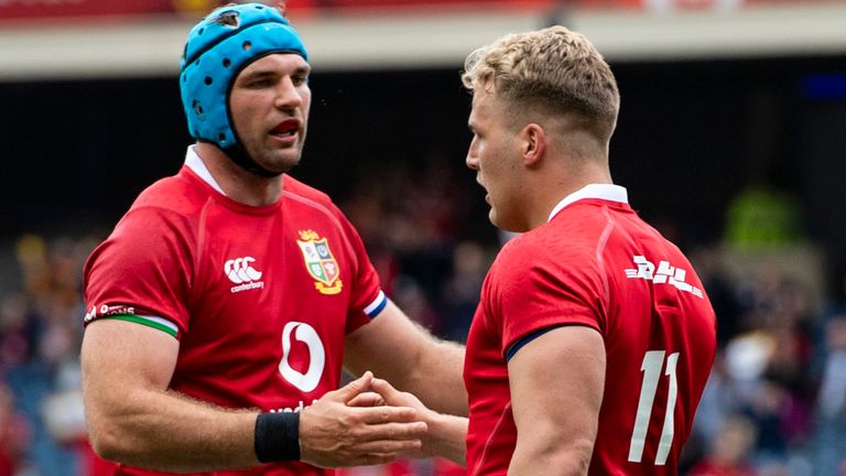EDINBURGH, SCOTLAND - JUNE 26: British & Irish Lions' Duhan van Der Merwe (right) celebrates his try with team mate Taidhg Beirne during an International Match between the British & Irish Lions and Japan at BT Murrayfield, on June 26, 2021, in Edinburgh, Scotland. (Photo by Paul Devlin / SNS Group)