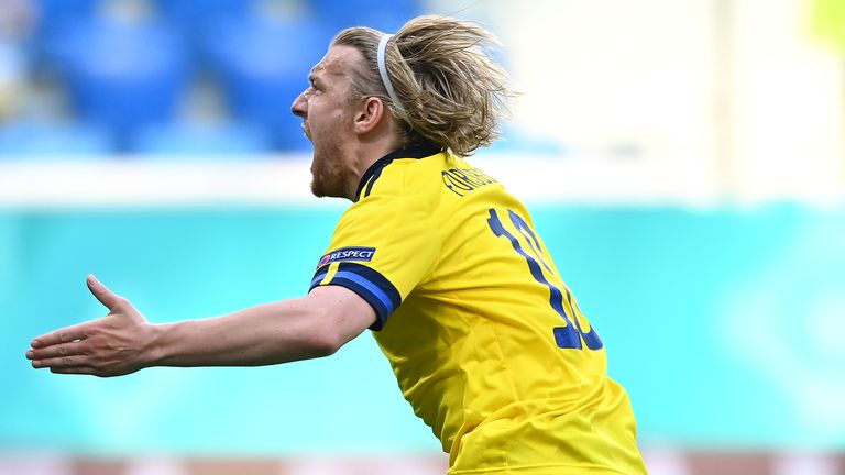 Emil Forsberg celebrates after scoring for Sweden against Slovakia