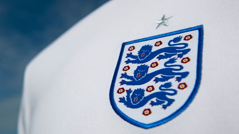 SALFORD, ENGLAND - JUNE 16: The England badge on their home shirt on June 16, 2021 in Manchester, United Kingdom. (Photo by Visionhaus)