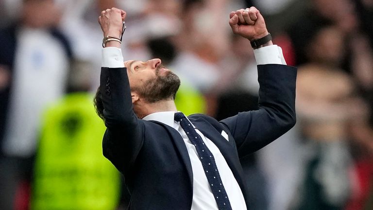England's manager Gareth Southgate reacts at the end of the Euro 2020 soccer championship round of 16 match between England and Germany at Wembley 