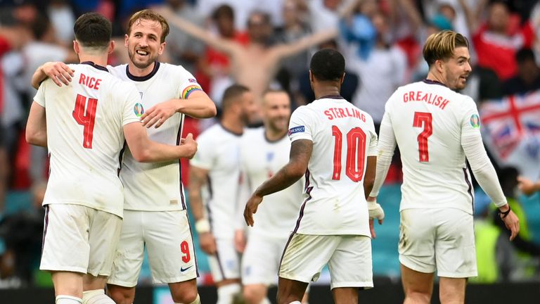 England players celebrate their win over Germany