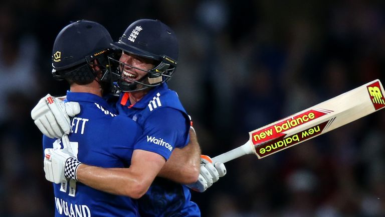 Chris Woakes (R) embraces team-mate Liam Plunkett after his final-ball six earned England a tie in the first ODI against Sri Lanka at Trent Bridge (PA Images)