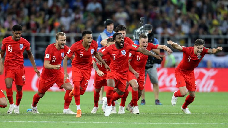 England celebrate after winning the FIFA World Cup 2018, round of 16 match at the Spartak Stadium, Moscow. PRESS ASSOCIATION Photo. Picture date: Tuesday July 3, 2018. See PA story WORLDCUP Colombia. Photo credit should read: Owen Humphreys/PA Wire. RESTRICTIONS: Editorial use only. No commercial use. No use with any unofficial 3rd party logos. No manipulation of images. No video emulation