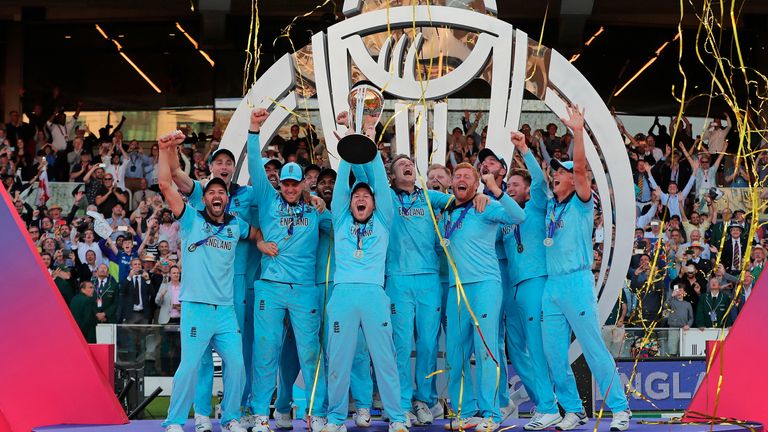 England captain Eoin Morgan lifts the trophy after winning the 2019 Cricket World Cup