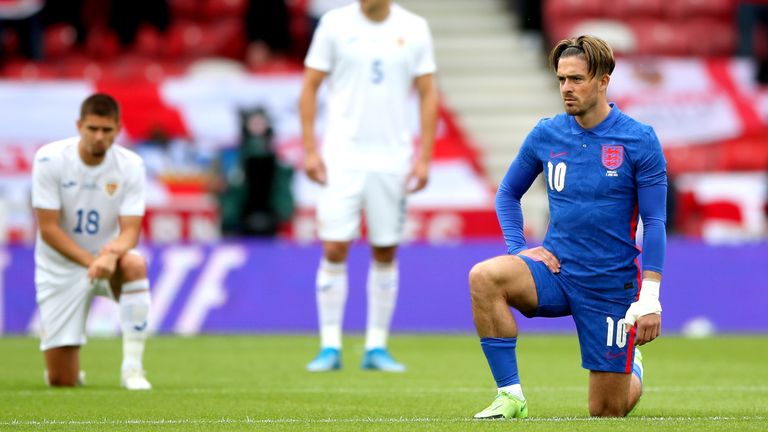 England&#39;s Jack Grealish is seen taking a knee ahead of the friendly against Romania