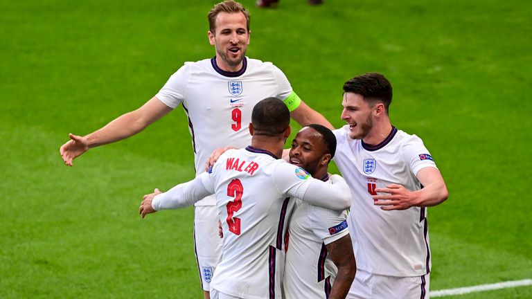 England players celebrate with Raheem Sterling after he opened the scoring against Czech Republic