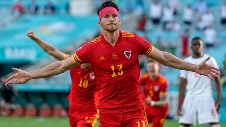 Wales' Kieffer Moore celebrates after scoring against Switzerland