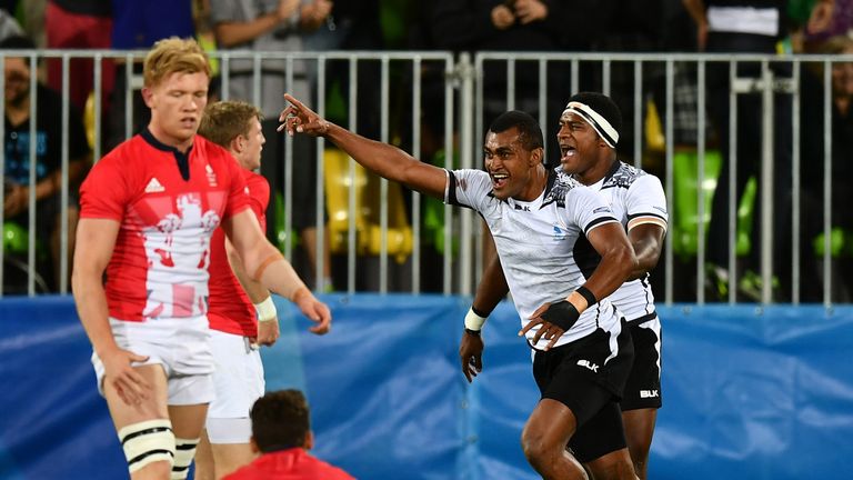 Fiji celebrate beating GB in the 2016 final in Rio