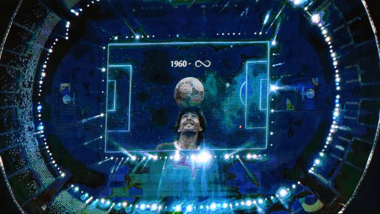 An image of the late Diego Maradona is broadcast in the Nilson Santos Stadium