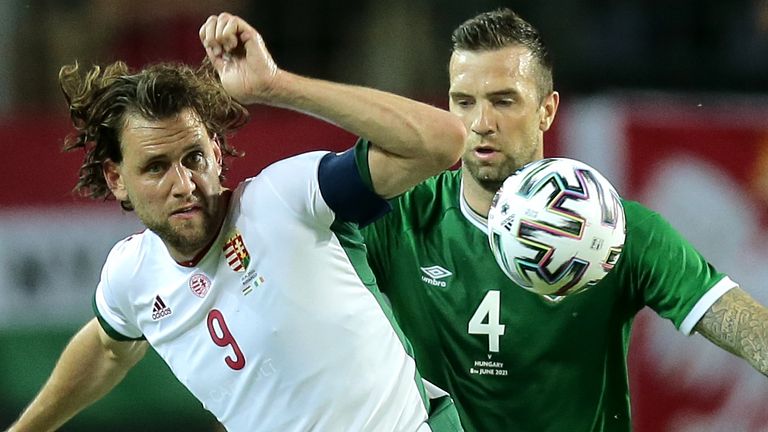 Hungary's Adam Szalai (left) and Shane Duffy battle for the ball 