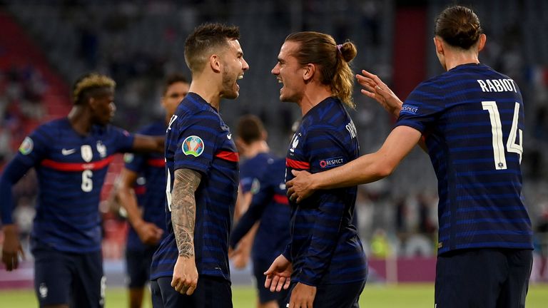 French players celebrate after their first goal against Germany