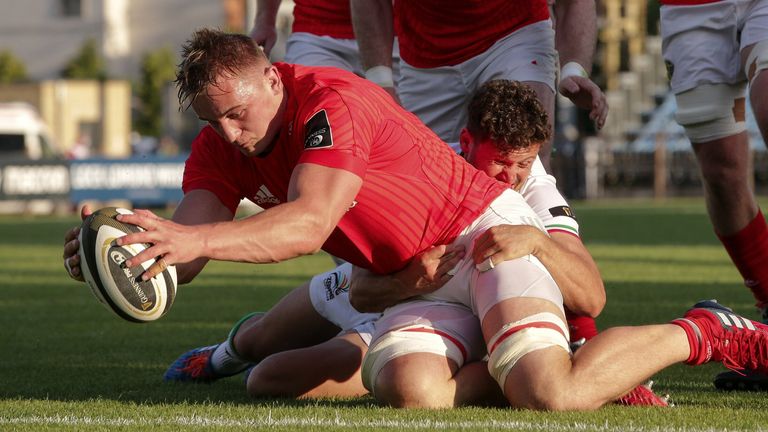 11 June 2021; Gavin Coombes of Munster scores a try during the Guinness PRO14 Rainbow Cup match between Zebre and Munster at Stadio Lanfranchi in Parma, Italy. Photo by Roberto Bregani/Sportsfile