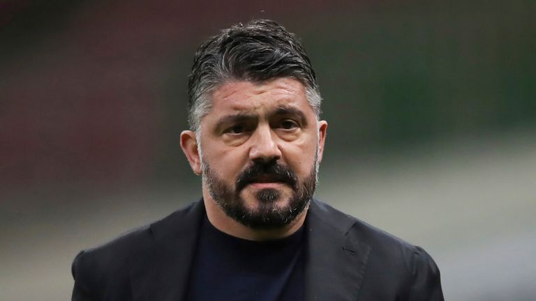 March 14, 2021, Milan, United Kingdom: Gennaro Gattuso Head coach of SSC Napoli pictured with SSC Napoli Director of Sport Cristiano Giuntoli prior to the Serie A match at Giuseppe Meazza, Milan. Picture date: 14th March 2021. Picture credit should read: Jonathan Moscrop/Sportimage(Credit Image: © Jonathan Moscrop/CSM via ZUMA Wire) (Cal Sport Media via AP Images)