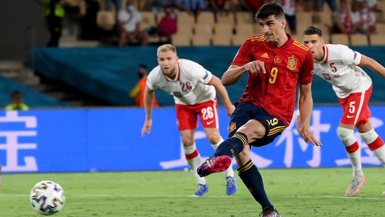 Spain's Gerard Moreno misses a penalty against Poland