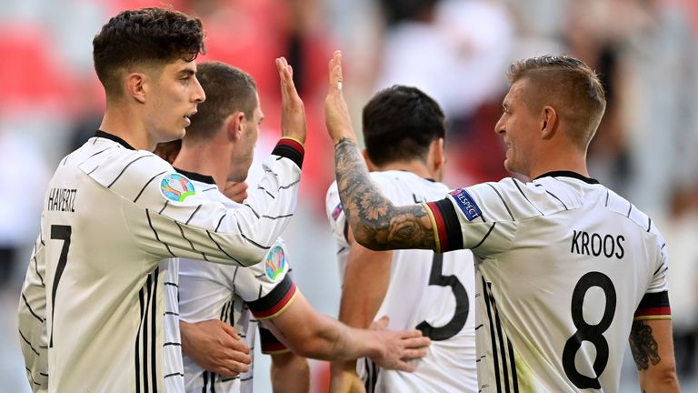 El alemán Kai Havertz celebra tras anotar el tercer gol de su equipo contra Portugal