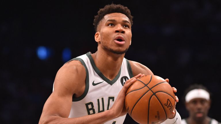 Giannis Antetokounmpo shoots a free throw during Game 2 against the Nets