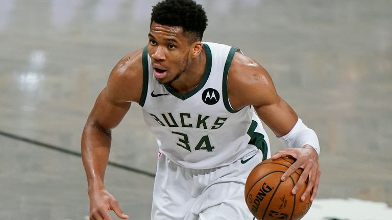 Milwaukee Bucks forward Giannis Antetokounmpo (34) waits for an opening in Game 5 of a second-round NBA basketball playoff series against the Brooklyn Nets, Tuesday, June 15, 2021, in New York. (AP Photo/Kathy Willens)