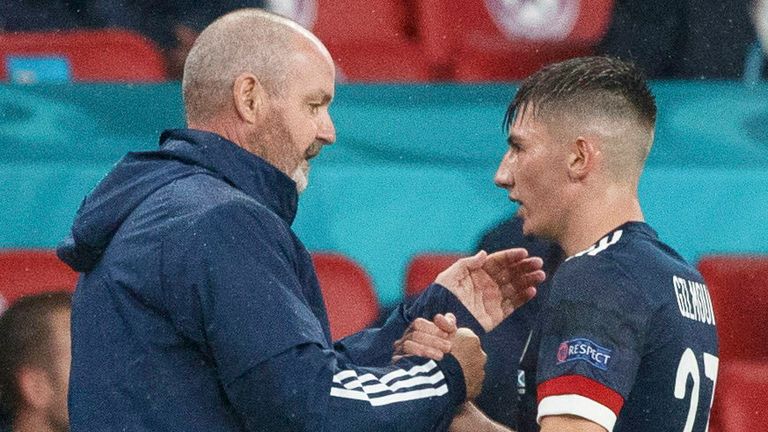 ENGLAND, SCOTLAND - JUNE 18: Scotland head coach Steve Clarke (left) with Billy Gilmour during a Euro 2020 match between England and Scotland at Wembley Stadium, on June 18, 2021, in London, England. (Photo by Craig Williamson / SNS Group)