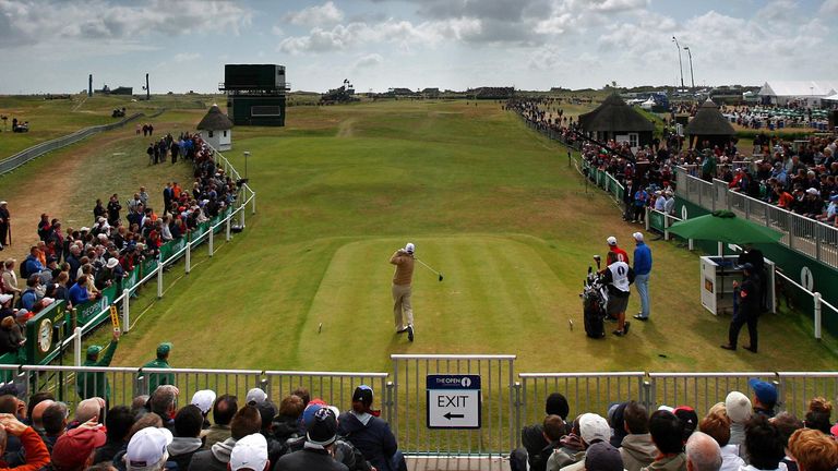England's Kenneth Ferrie tees off from the 1st tee during round four of the 2011 Open Championship at Royal St George's.