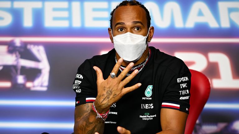 Mercedes driver Lewis Hamilton of Britain attends a news conference at the Red Bull Ring racetrack in Spielberg, Austria, Thursday, June 24, 2021. The Styrian Formula One Grand Prix will be held on Sunday, June 27, 2021. 