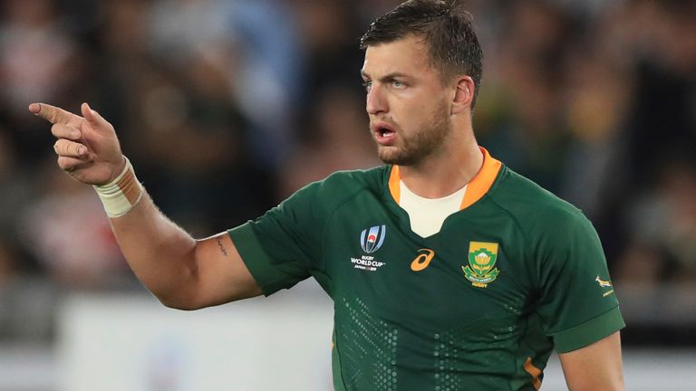 South Africa's Handre Pollard reacts after scoring his and team's third penalty during the first half of the Final in the 2019 Rugby World Cup Japan against England at International Stadium Yokohama in Yokohama, Kanagawa prefecture on Nov. 2, 2019. ( The Yomiuri Shimbun via AP Images )