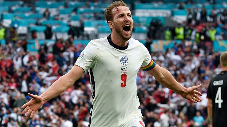England's Harry Kane celebrates after scoring his side's 2nd goal during the Euro 2020 soccer championship round of 16 match between England and Germany, at Wembley stadium in London, Tuesday, June 29, 2021. (Andy Rain, Pool via AP)